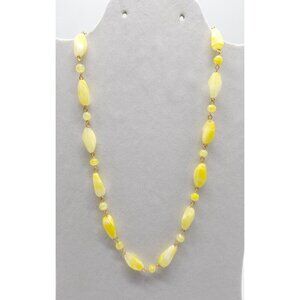 Yellow Swirl Art Glass Bead Necklace With Gold Tone Chain 19" Length Vintage
